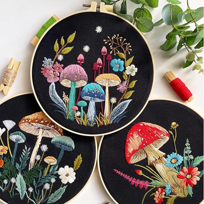 Myfelicity Embroidery Kit with Mushroom Patterns, 3 Hoops, Fabric, Threads, Needles, Instructions (Colorful)