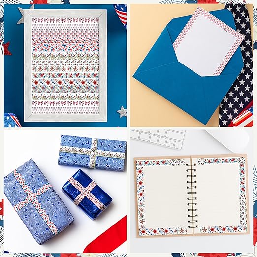 Patriotic Floral Washi Tape - 12 Rolls Red White Blue Flower Designs Acid Free Repositionable Adhesive Paper for Scrapbook Gift Wrapping Card Making Journal Independence Veterans Day Crafts