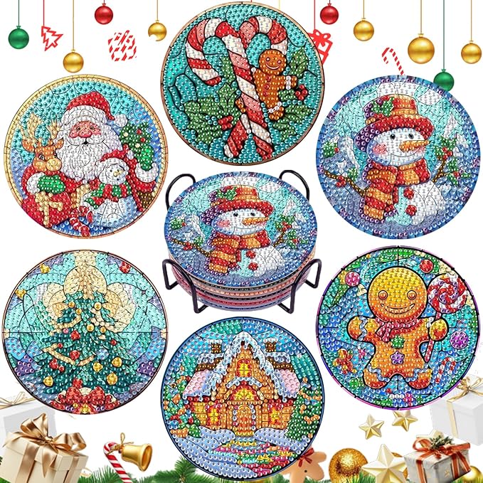 EWJRNSF 6 PCS 5D Diamond Painting Coasters Kits with Holder, Small Diamond Art Kits for Adults Beginners Diamond Dots Arts and Crafts Gems Supplies Item Christmas Style