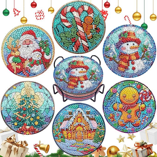 EWJRNSF 6 PCS 5D Diamond Painting Coasters Kits with Holder, Small Diamond Art Kits for Adults Beginners Diamond Dots Arts and Crafts Gems Supplies Item Christmas Style
