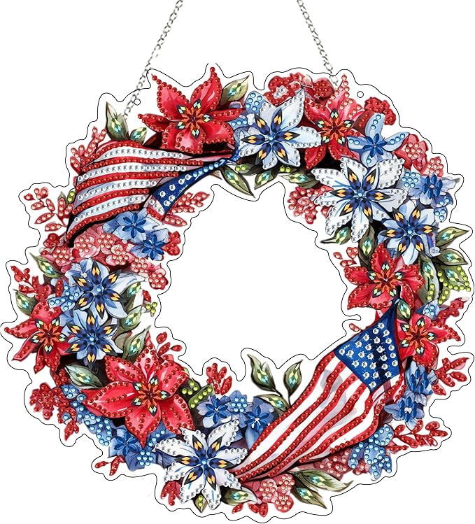 5D Diamond Art Hanging Kit for Adult,Special Shaped Rhinestone,Double Sided DIY Acrylic Diamond Art Painting Window Pendants Home Garden Wall Hanging Kits Hanging Ornament (Independence Day Wreath)