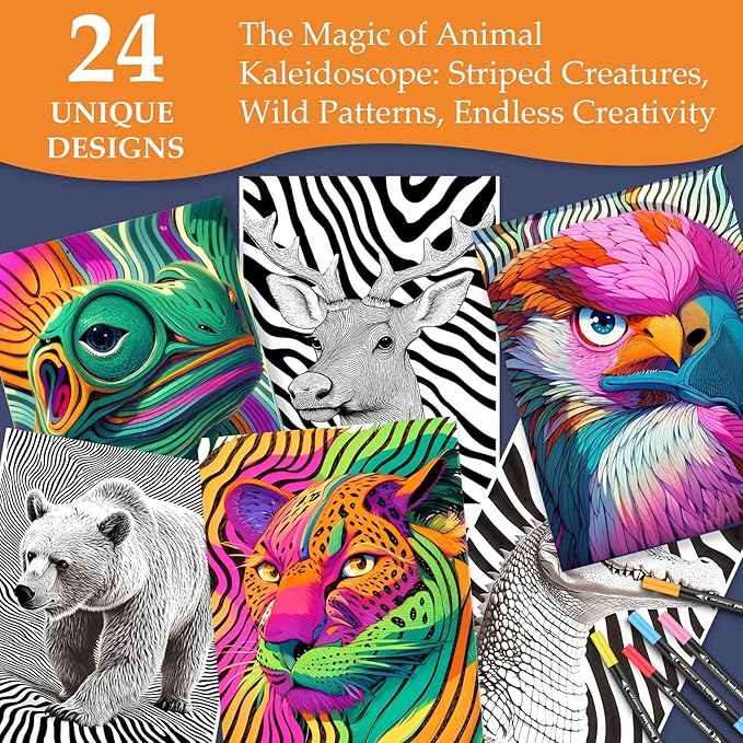 Coloring Books for Women Relaxation, 24 Pages Coloring Book for Adults Stress Relief, Spiral Coloring Books for Men & Women, Relaxing Gift for Adult, Single-Sided Coloring Book of Animal Kaleidoscope