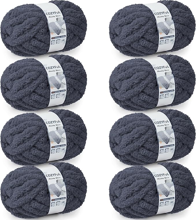 Chunky Yarn for Hand Knitting - #10 Chunky Chenille Yarn, Jumbo Big Thick Chunky Yarns for Crocheting, Super Bulky Chunky Knit Blanket Yarns, 8 Skein (25 yds 8 oz Each Skein), Charcoal Grey