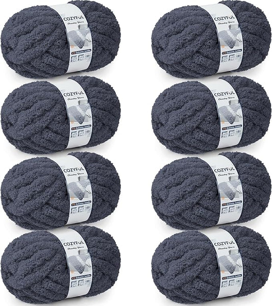 Chunky Yarn for Hand Knitting - #10 Chunky Chenille Yarn, Jumbo Big Thick Chunky Yarns for Crocheting, Super Bulky Chunky Knit Blanket Yarns, 8 Skein (25 yds 8 oz Each Skein), Charcoal Grey