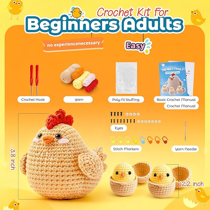 Joyclub 4 Pcs Crochet Kit for Beginners Crochet Starter Kits for Adults and Kids Great Easter Gifts for Crocheting Lovers with Step by Step Video Amigurumi Chicken Family Knitting Kit DIY Craft