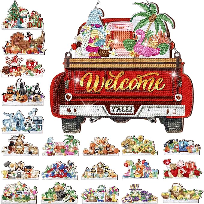Burbell 21 Pcs Interchangeable Diamond Painting Welcome Sign for Easter Front Door Diamond Painting Truck Decor Interchangeable Seasonal Welcome Sign for DIY Wall Window Farmhouse