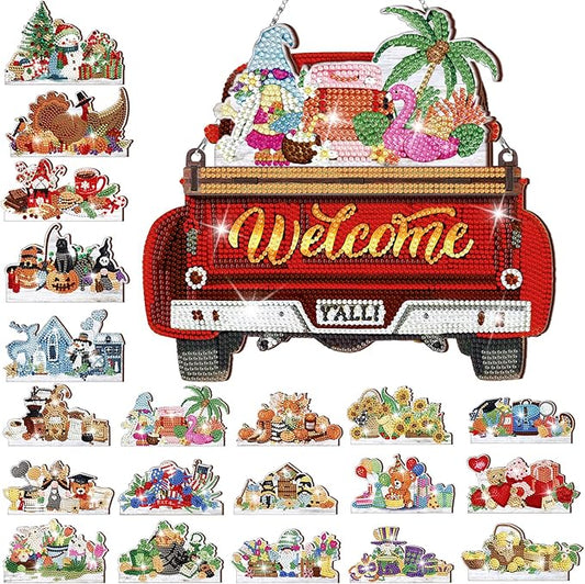 Burbell 21 Pcs Interchangeable Diamond Painting Welcome Sign for Easter Front Door Diamond Painting Truck Decor Interchangeable Seasonal Welcome Sign for DIY Wall Window Farmhouse