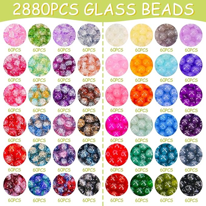 BONNY BOXX 1200 PCs 8mm Round Glass Beads for Jewelry Making, Bulk Crystal Beads in 48 Assorted Colors, Crackle Glass Beads for Bracelets, Necklaces, Earrings, Jewelry Design & DIY Art Projects