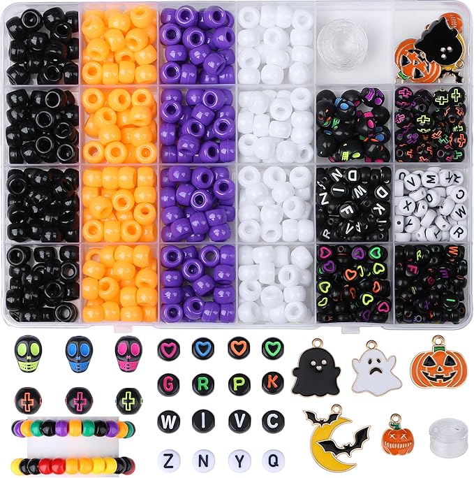 XIANNVXI 10Colours Halloween Pony Letter Beads Set Bracelet Making 640pcs Orange Purple White Letter Pony Beads