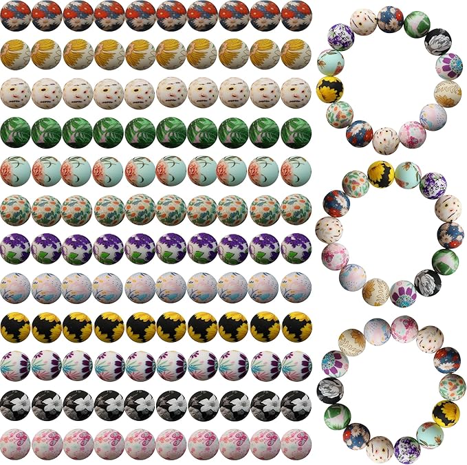 120pcs Richbunnys 15mm Bulk Silicone Beads for Pens and Keychain Making,Large Bead for Necklace and Bracelets Making,Assorted Rubber Beads Set(Print Floral)