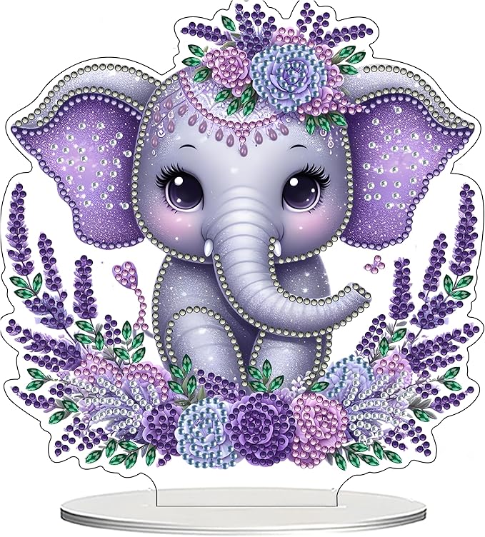 JJFox DIY Tabletop Diamond Art Painting Kit，Desktop Ornament Special Shaped Rhinestone Desk Placement Ornament，Home Stand Up Gem Painting Craft Kit Gift Double Sided (Elephant Calf)