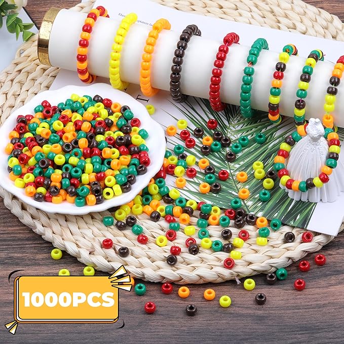 Fall Pony Beads for Friendship Bracelets 1000 Pcs 6x9mm Autumn Thanksgiving Plastic Beads for Party Decoration Supplies or Jewelry Making (Yellow Orange red Brown Dark-Green)