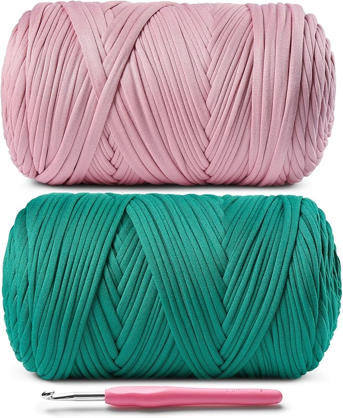 2 Pack Elastic Fabric T Shirt Yarn for Crocheting，Beginner Crochet Yarn with Polyester Spandex Blend,Total 800g/228yds Soft Tshirt Yarn for Crochet Crafts/Bags/Baskets(Gray Pink+Peacock Green)