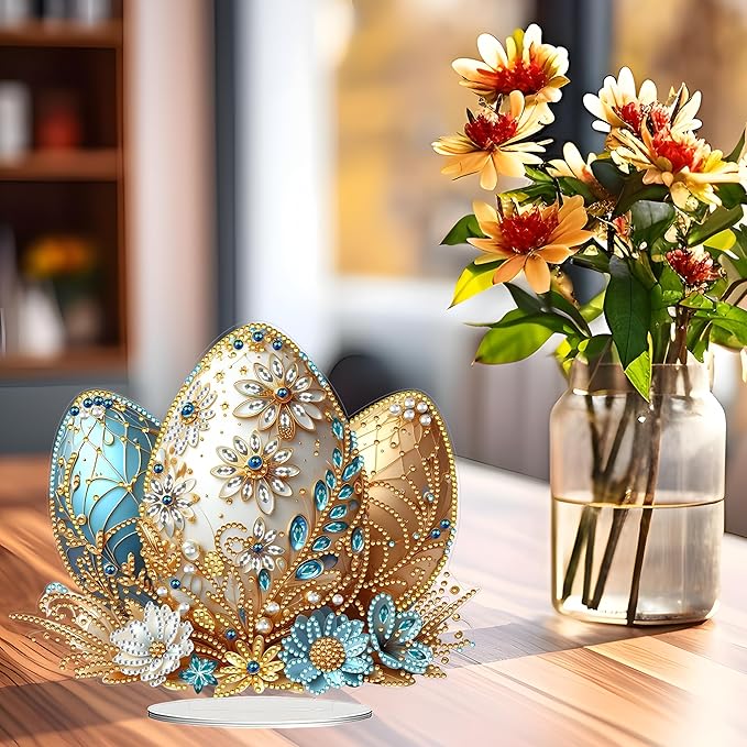 JJFox DIY Tabletop Diamond Art Painting Kit，Desktop Ornament Special Shaped Rhinestone Desk Placement Ornament，Home Stand Up Gem Painting Craft Kit Gift Double Sided (Easter Egg-2)