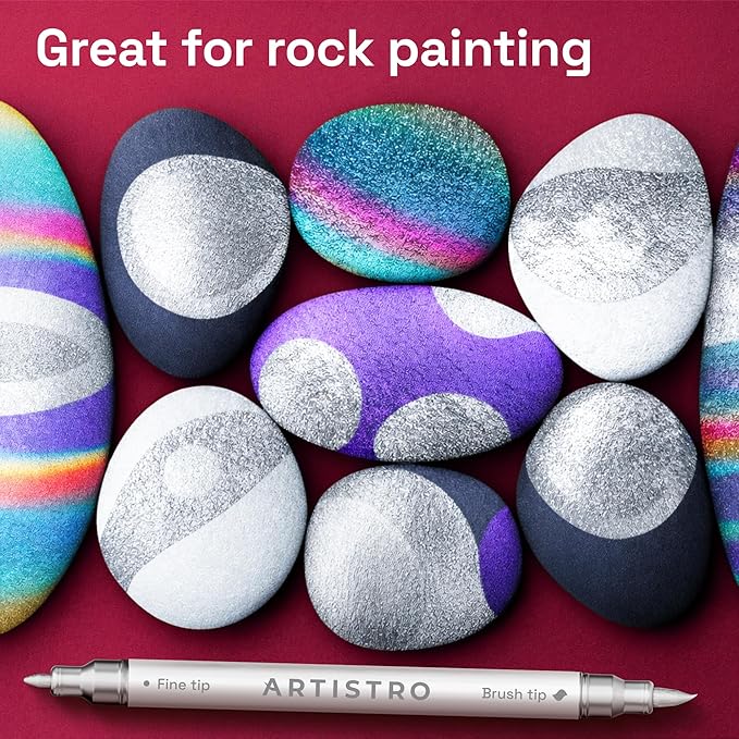 ARTISTRO 5 Silver Acrylic Paint Markers - Paint Pens for Drawing, Brush + Fine Tips - For Fabric, Rock, Glass, Wood, DIY, Eggs - Art & Craft Supplies for Adults, Teens, Kids - Easter Basket Stuffers