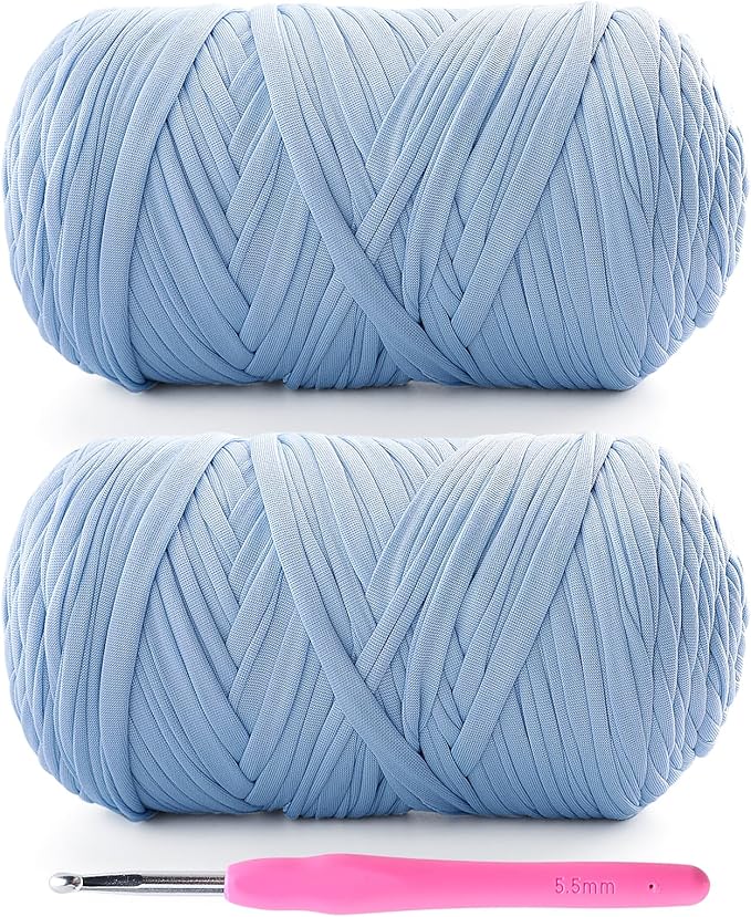 2 Pack Tshirt Yarn for Crochet - 800 g/260 yds T Shirt Yarn for Crocheting Bags/Baskets/Home Decor - Soft Elastic Fabric T-Shirt with 1 Crocheting Hook (2, Light Lake Blue)