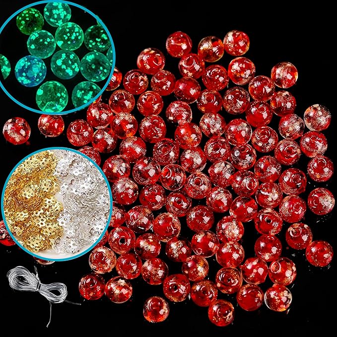 200 PCS 8mm Glow in The Dark Beads Bulk Round Luminous Glass Beads with Holes for Jewelry Making Bracelets Earrings Necklace Glow Loose Spacer Ball Bead DIY Craft Kit