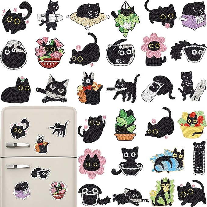 30 Pcs Black Cat Diamond Painting Magnets Kits Diamond Art Fridge Magnet Refrigerator Sticker Diamond Painting kit for Beginners Adults DIY Art Craft Gifts Home Decors