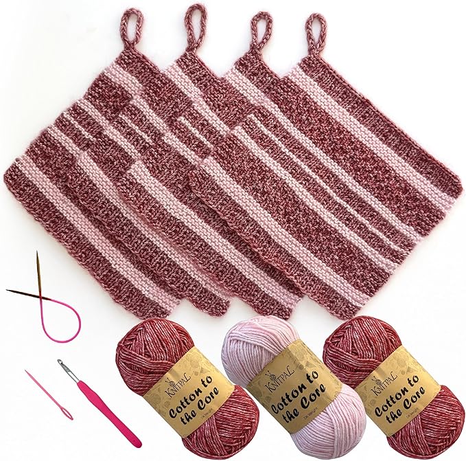 KnitPal Everyday Joy Knitting Kit – Make 4 Reusable Dishcloths for Confident Beginners – Cotton to The Core Yarn (#3 DK), Needles, Patterns & Video Tutorials (Cherry Red + Blush Pink)