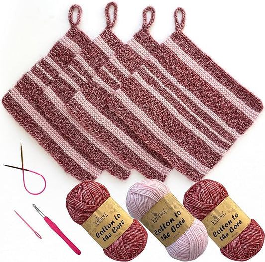KnitPal Everyday Joy Knitting Kit – Make 4 Reusable Dishcloths for Confident Beginners – Cotton to The Core Yarn (#3 DK), Needles, Patterns & Video Tutorials (Cherry Red + Blush Pink)