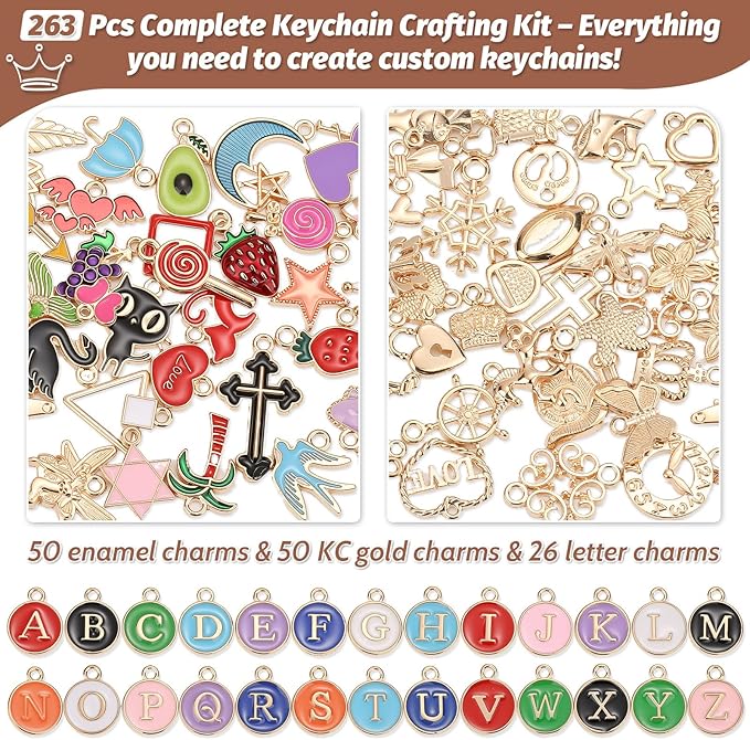 selizo 263Pcs Charms Lip Gloss Keychain Making Kit, DIY Craft Supplies with Charms, Key Chain Hooks, Jump Rings, Lobster Clasps, Chains & Tools, Jewelry Making Kit for Custom Keychains, Bags, Gifts