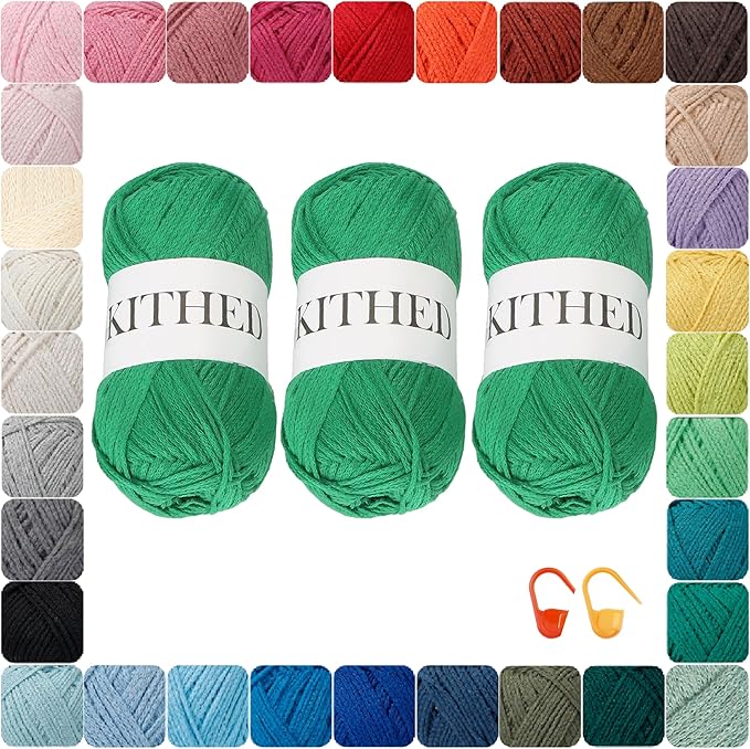 Cotton Chainette Yarn,4 Medium (Worsted)-10oz,3 Pack,Knitting Yarn for Beginners,Thicker for Crocheting and Knitting (14 Emerald Green)