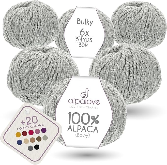 Bulky Set (6 x 1.75 oz) Super Soft Baby Alpaca Knitting Yarn Light Gray 328 Yards