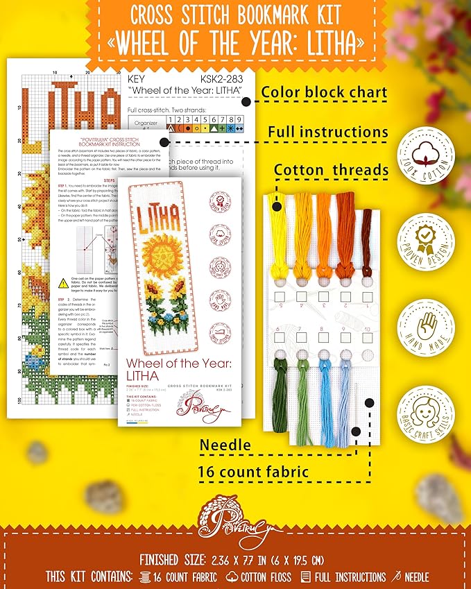 Povitrulya Cross Stitch Bookmark Kit Wheel of the Year: Litha – Counted DIY Embroidery Set for Adults & Beginners, Summer Solstice Pagan Wiccan Sun Fire Festival Gift