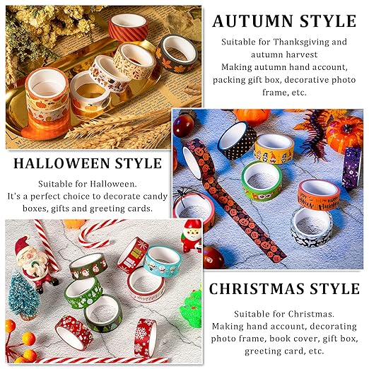 Whaline 24 Rolls Fall Halloween Washi Tape Holiday Washi Tape Set Thanksgiving Fall Leaves Pumpkin Masking Tape Thanksgiving Autumn Winter Christmas Tape for Scrapbook Journal DIY Art Craft