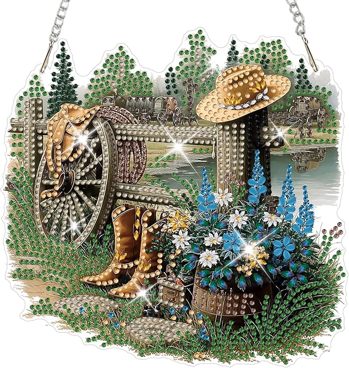 HEIBAGO Boot Diamond Art Hanging Kits Farm for Adults, Cowboy Hat Diamond Art Suncatchers,5D Special Shape Diamond Painting Pendant Window Ornament Gifts for Home Garden Door Wall Decor 8.3x8.3In