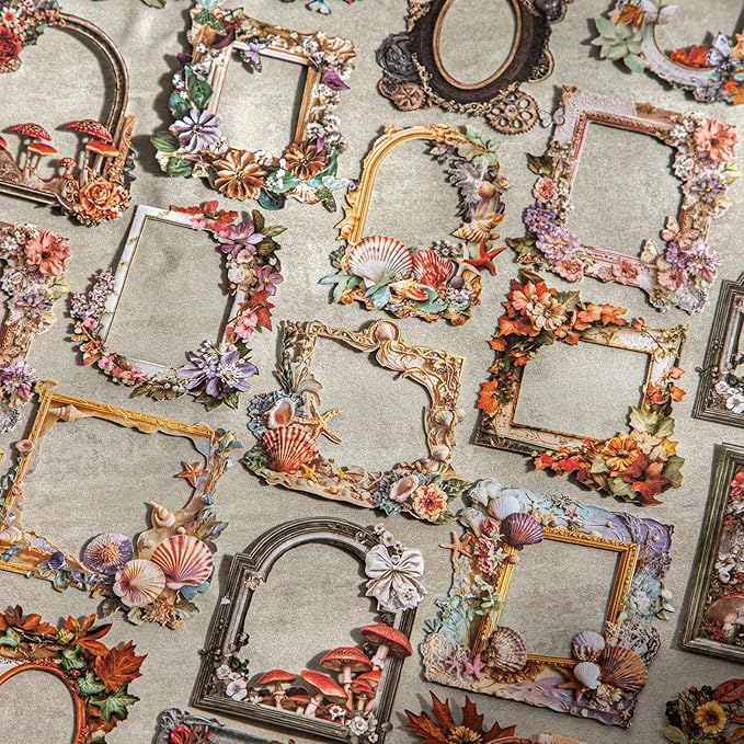60 Pieces Vintage Hollowed Relief Botanical Specimen Frame Scrapbook Stickers, 6 Pack Aesthetic Background Window Frames Decorative Stickers for Scrapbooking Planner Junk Journal Supplies Collage