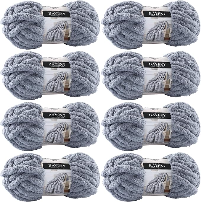 Chunky Chenille Yarn for Hand Knitting 8 Jumbo Pack Jumbo Chunky Yarn for Hand Soft Blanket Knitting, Bulky Thick Fluffy Yarn for Crocheting (Medium Gray)