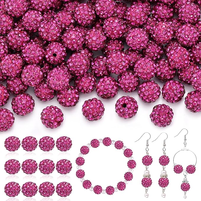 200 pcs fuchsia rhinestone beads for jewelry making, sparkle crystal clay christmas for bracelet baseball necklace earring crafting and diy, shiny round shamballa disco ball beads bulk