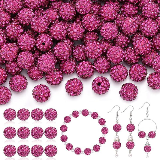 200 pcs fuchsia rhinestone beads for jewelry making, sparkle crystal clay christmas for bracelet baseball necklace earring crafting and diy, shiny round shamballa disco ball beads bulk