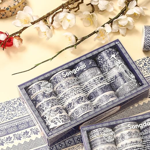 Blue & White Porcelain Washi Tape Set, Traditional Chinese Ceramic Pattern Decorative Masking Tapes, Oriental Art for Craft, Scrapbook, DIY, Gift Wrapping (1-Porcelain Grace/20 Rolls)