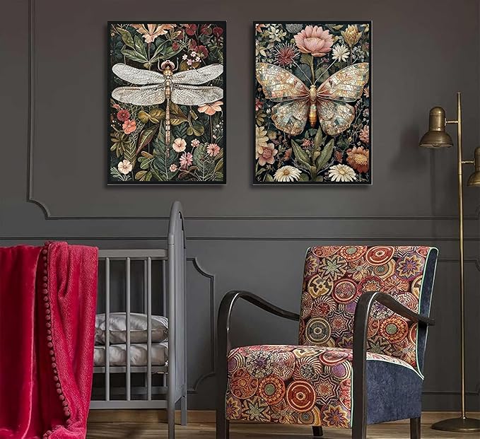 2 Pack Paint by Number Kit 16x20inch Dragonfly Butterfly Insect Art, DIY Painting Set with Floral Background, Intricate Nature Inspired Craft for Home Decor Gift