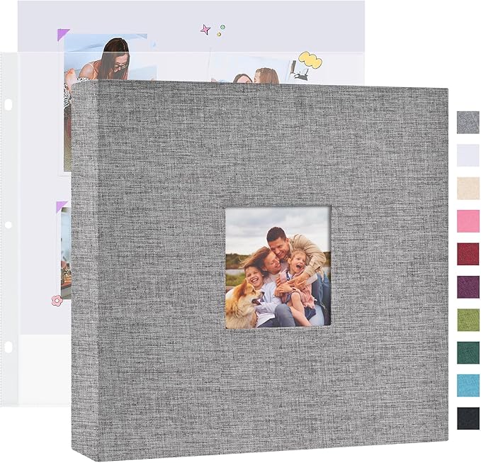 Mublalbum 10x10 Inch DIY Scrapbook Photo Album with 20 Plastic Sleeves 40 Pages Linen Cover 3 Ring Folder Binder for Wedding Baby Family and DIY Projects (Grey)