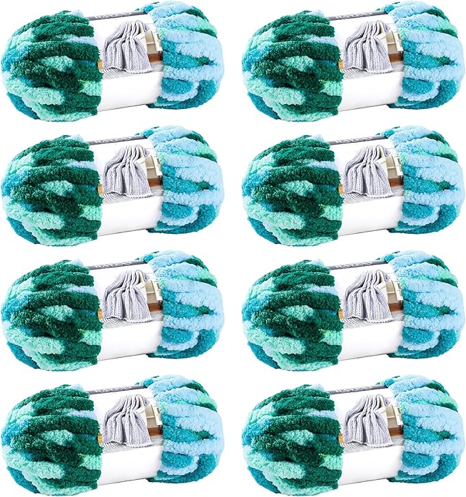 Chunky Chenille Yarn for Hand Knitting 8 Jumbo Pack Jumbo Chunky Yarn for Hand Soft Blanket Knitting, Bulky Thick Fluffy Yarn for Crocheting (Sea of Clouds)