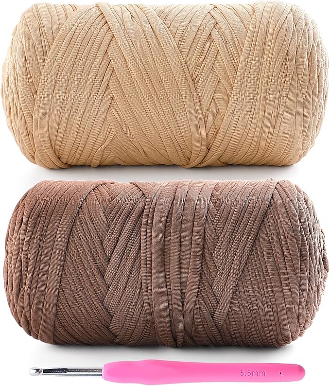 2 Pack Tshirt Yarn for Crochet - 800 G/260 Yds T Shirt Soft Elastic Fabric T-Shirt Yarn for Crocheting Bags Baskets Home Decor with 1 Crochet Hook (2, Khaki+Coffee)