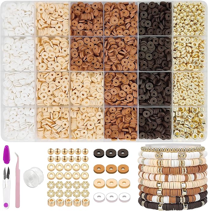 MIIIM Neutral Clay Beads Kit for Bracelets Making, Heishi Beads for Friendship Bracelet, Clay Charms and Gold Spacers for Jewelry Making, Crafts, Concert, Raves, Gifts (Golden Brown Cream)