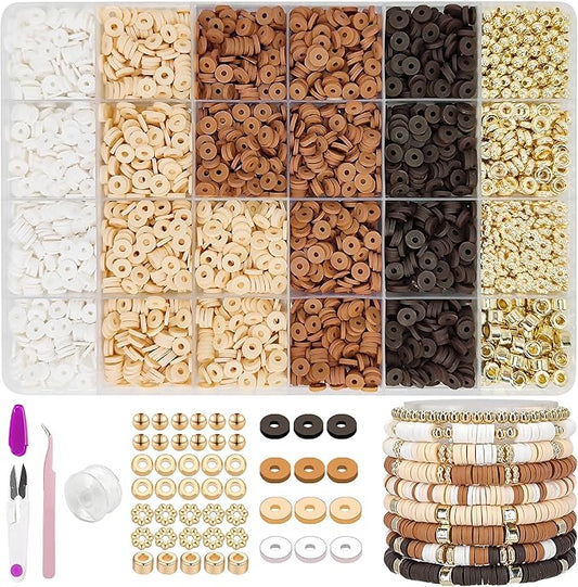 MIIIM Neutral Clay Beads Kit for Bracelets Making, Heishi Beads for Friendship Bracelet, Clay Charms and Gold Spacers for Jewelry Making, Crafts, Concert, Raves, Gifts (Golden Brown Cream)