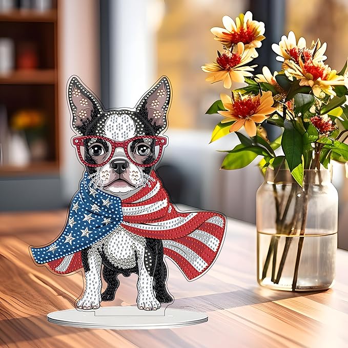 JJFox DIY Tabletop Diamond Art Painting Kit，Desktop Ornament Special Shaped Rhinestone Desk Placement Ornament，Home Stand Up Gem Painting Craft Kit Gift Double Sided (USA Dog)
