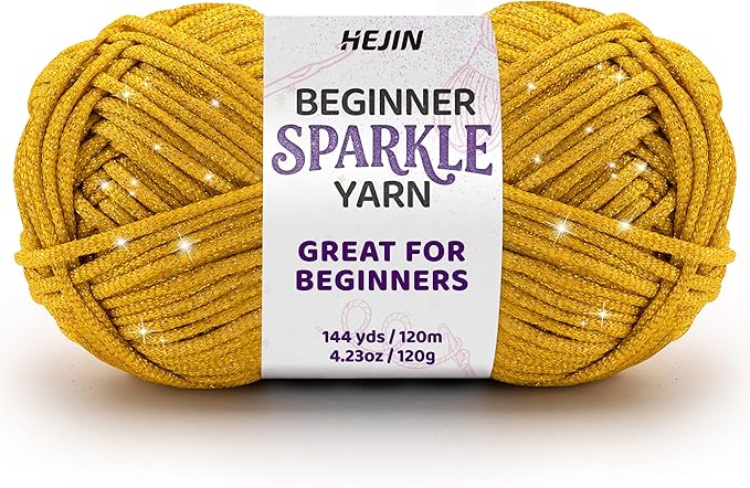 120g Gold Sparkle Yarn for Crocheting and Knitting; 120m(144yds) for Beginners with Easy-to-See Stitches; Worsted-Weight Medium #4; Yarn for Beginners Crochet Kit Making
