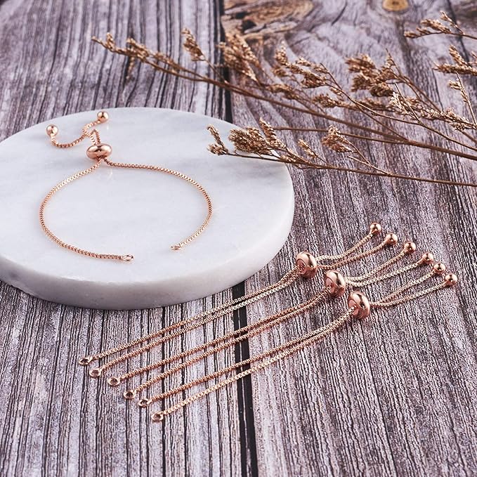 FASHEWELRY 20 Strands Adjustable Brass Bracelet Slider Extender Chains with Ball Ends 8-5/8"(22cm) Real Rose Gold Plated for DIY Jewelry Making