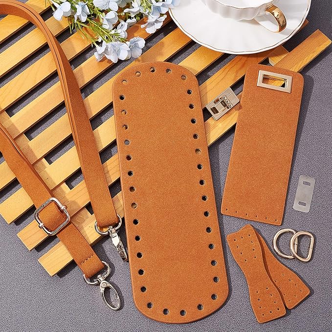 PandaHall DIY PU Leather Bag Knitting Set, Leather Bag Bottom/26” Shoulder Strap/Twist Lock/Flap Cover/Bag Buckles for Crochet Handbag Tote Shoulder Bags, Camel(7 Kinds of Accessories)