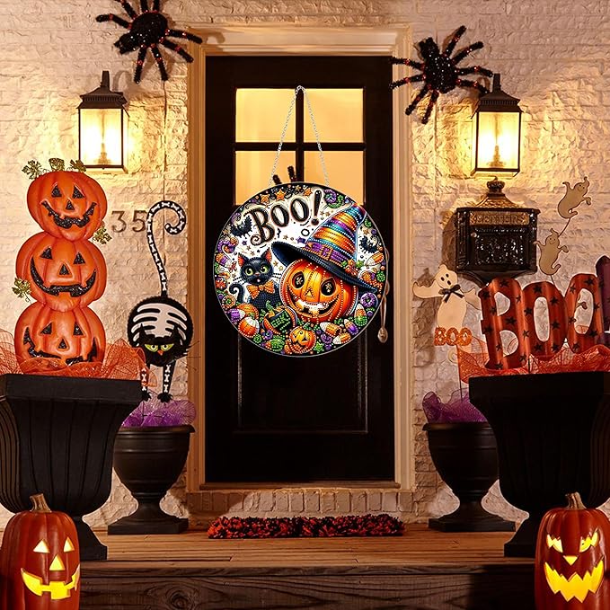 DIY Halloween Acrylic Diamond Art Painting Wreath Kits Special Shaped Rhinestone 5D Diamond Art Window Pendants Home Garden Wall Hanging Kits Hanging Ornament (Pumpkin and Cat)