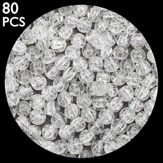 80PCs 10mm White Crackle Glass Beads Bulk, Round Smooth Hole Glass Crystal Beads for Jewelry Making, DIY Bracelets, Necklaces, Bag Charms, Keychains and Craft Projects