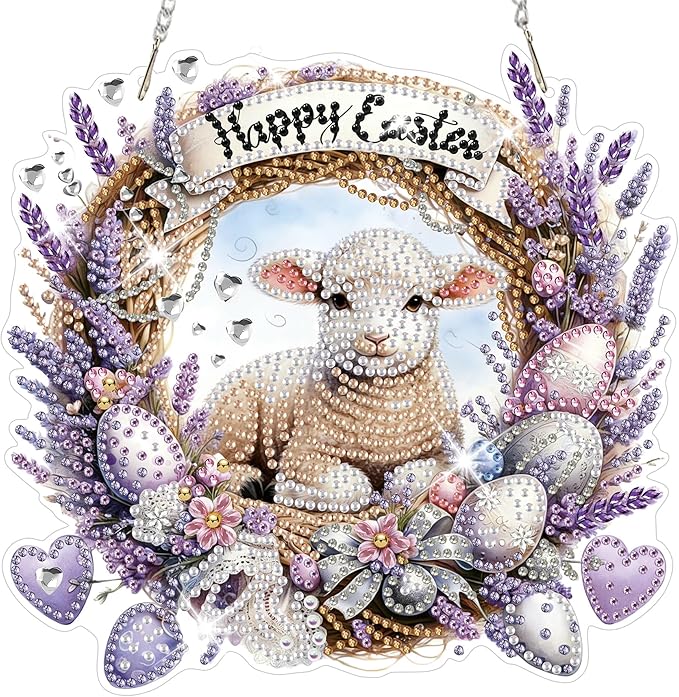 HEIBAGO Easter Lamb Diamond Art Hanging Kits for Adults, Diamond Art Suncatchers Sheep, 5D Special Shape Diamond Painting Pendant, DIY Window Ornament Gifts for Home Garden Door Wall Decor 8.3 x 8.3In