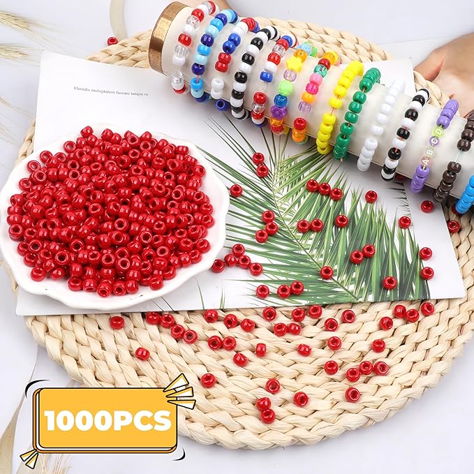 Red Pony Beads - 1000 Pcs Plastic Beads for Friendship Bracelets, Hair Braiding & Jewelry Making - 6x9mm, Large Hole