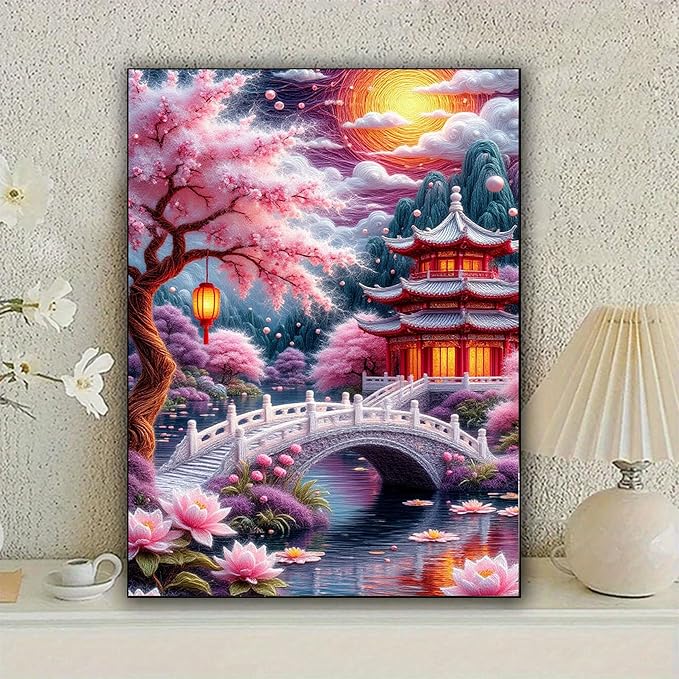 KUFWKEY Landscape DIY Diamond Painting Kit, Japanese Garden Scene Diamond Art Kits for Adults,5D Full Round Drill Diamond Mosaic Kits,DIY Diamond Dots for Beginners,12x16 inch